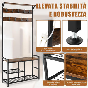 4 in 1 Stand Appendiabiti, Attaccapanni con Panchina Scarpiera e 9 Ganci Rimovibili, in Metallo, Ideale per Ingresso Corridoio, 84x30,5x183 cm