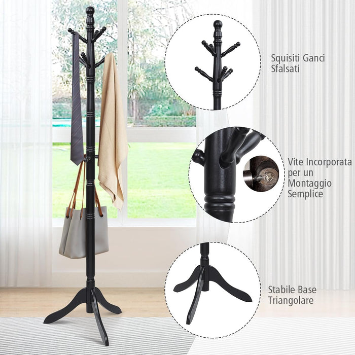 Attaccapanni ad Albero, Appendiabiti in Legno di Gomma con 9 Ganci, Albero Porta Abiti per Camera da Letto Soggiorno Ingresso e Ufficio, 50x50x138-175 cm (Nero)