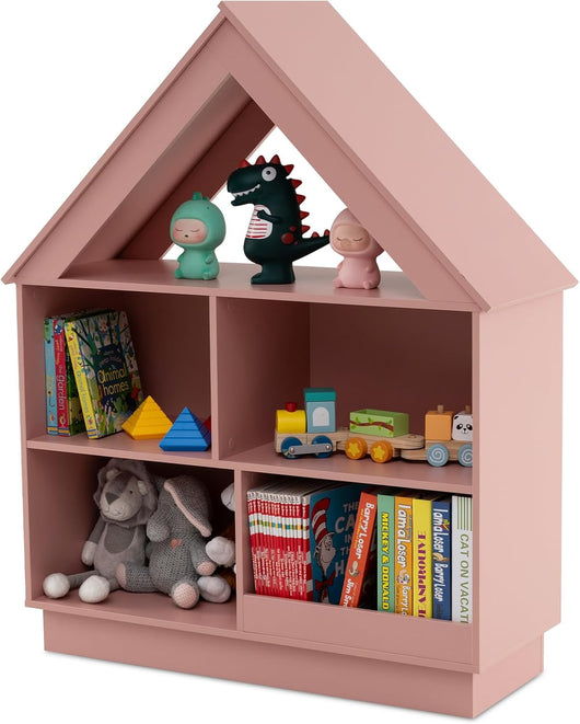 Libreria per Bambini a Forma di Casa, Scaffale in Legno con 5 Cubi per Giocattoli, Organizer di Stoccaggio Antiribaltamento, Scaffale Aperto a 3 Livelli, 88x34x108 cm (Rosa)