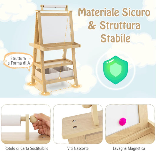 3 in 1 Cavalletto per Bambini con Doppia Faccia, Cavalletto per Disegno con 2 Vassoi e 2 Scatole, Lavagna Bambini in Legno (Naturale)