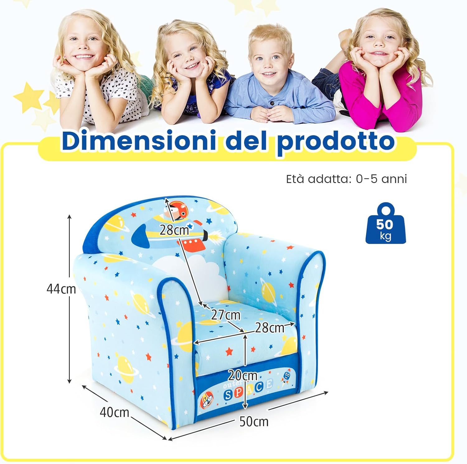 Divano per Bambini, Poltrona Imbottita per Bambini con Telaio in Legno Massiccio, Superficie in Velluto Morbido e Riempimento in Schiuma ad Alta Densità, per Camera da Letto (Azzurro)