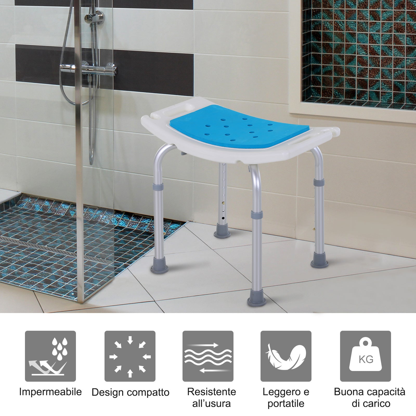 EasyComfort Sgabello per Doccia da Bagno in Lega di Alluminio e Plastica Antiscivolo, Altezza Regolabile 6 Livelli 39-52cm