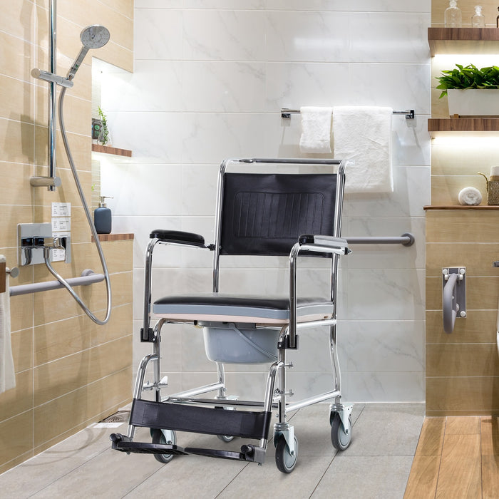 EasyComfort Sedia a Rotelle Impermeabile con WC Seduta in Ecopelle, 4 Ruote, Vaso Rimovibile per Anziani/Disabili, 84x54x96cm