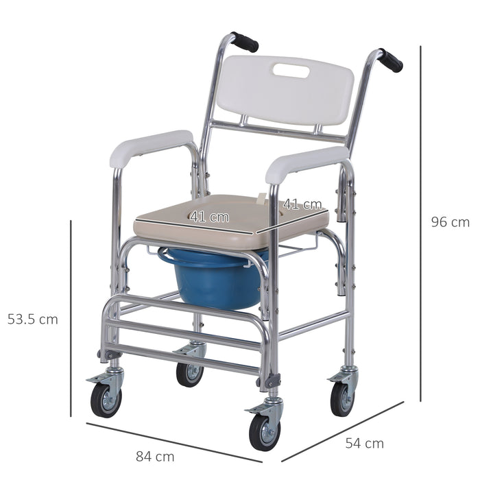 EasyComfort Sedia a Rotelle Impermeabile con WC Seduta in Ecopelle, 4 Ruote, Vaso Rimovibile per Anziani/Disabili, 84x54x96cm