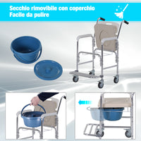 EasyComfort Sedia a Rotelle Impermeabile con WC Seduta in Ecopelle, 4 Ruote, Vaso Rimovibile per Anziani/Disabili, 84x54x96cm