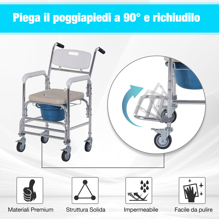 EasyComfort Sedia a Rotelle Impermeabile con WC Seduta in Ecopelle, 4 Ruote, Vaso Rimovibile per Anziani/Disabili, 84x54x96cm