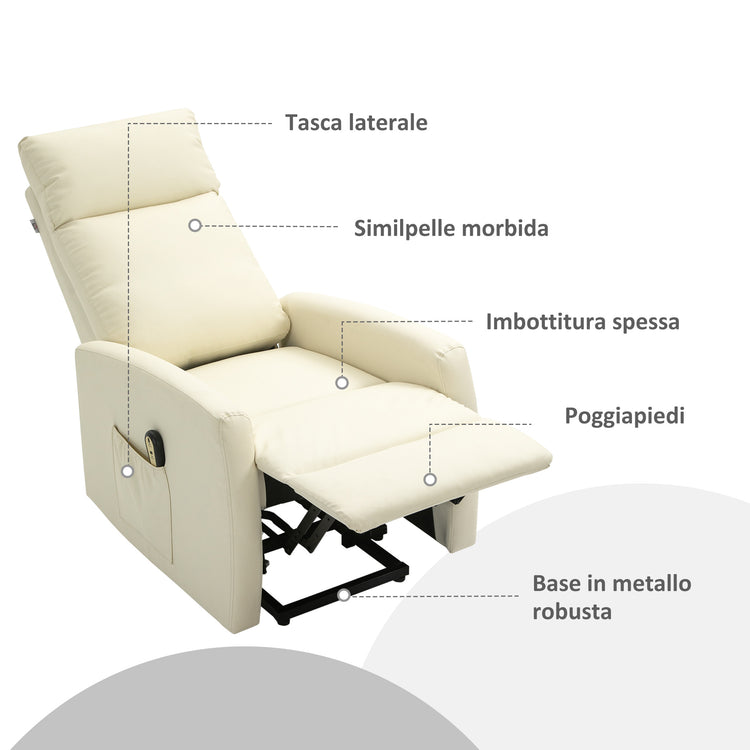 EASYCOMFORT  Poltrona Alzapersona con Telecomando e Schienale Reclinabile a 145°, Similpelle Color Crema