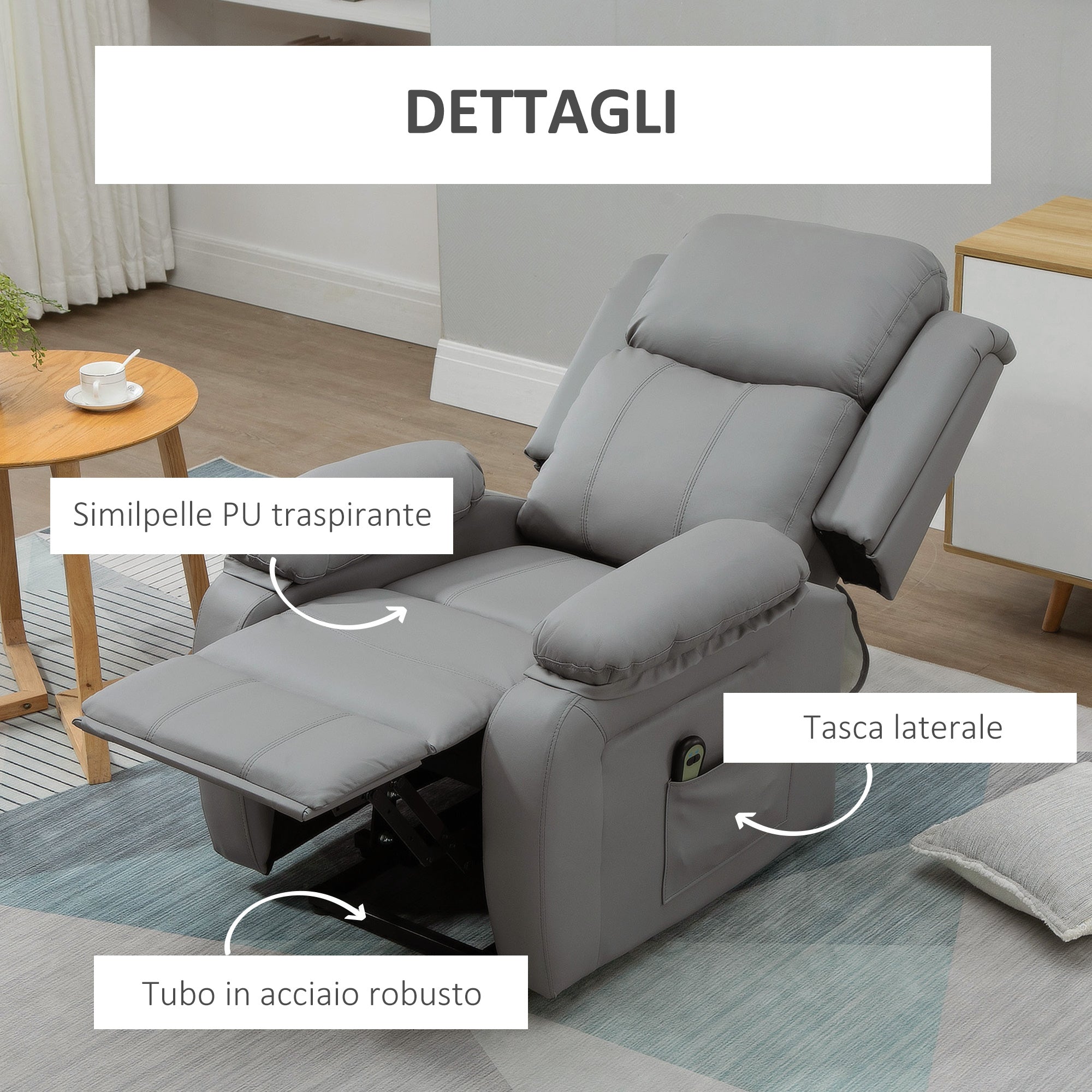 EASYCOMFORT  Poltrona Relax Elettrica e Alzapersona Reclinabile fino 160° con Telecomando, in Similpelle - Grigio