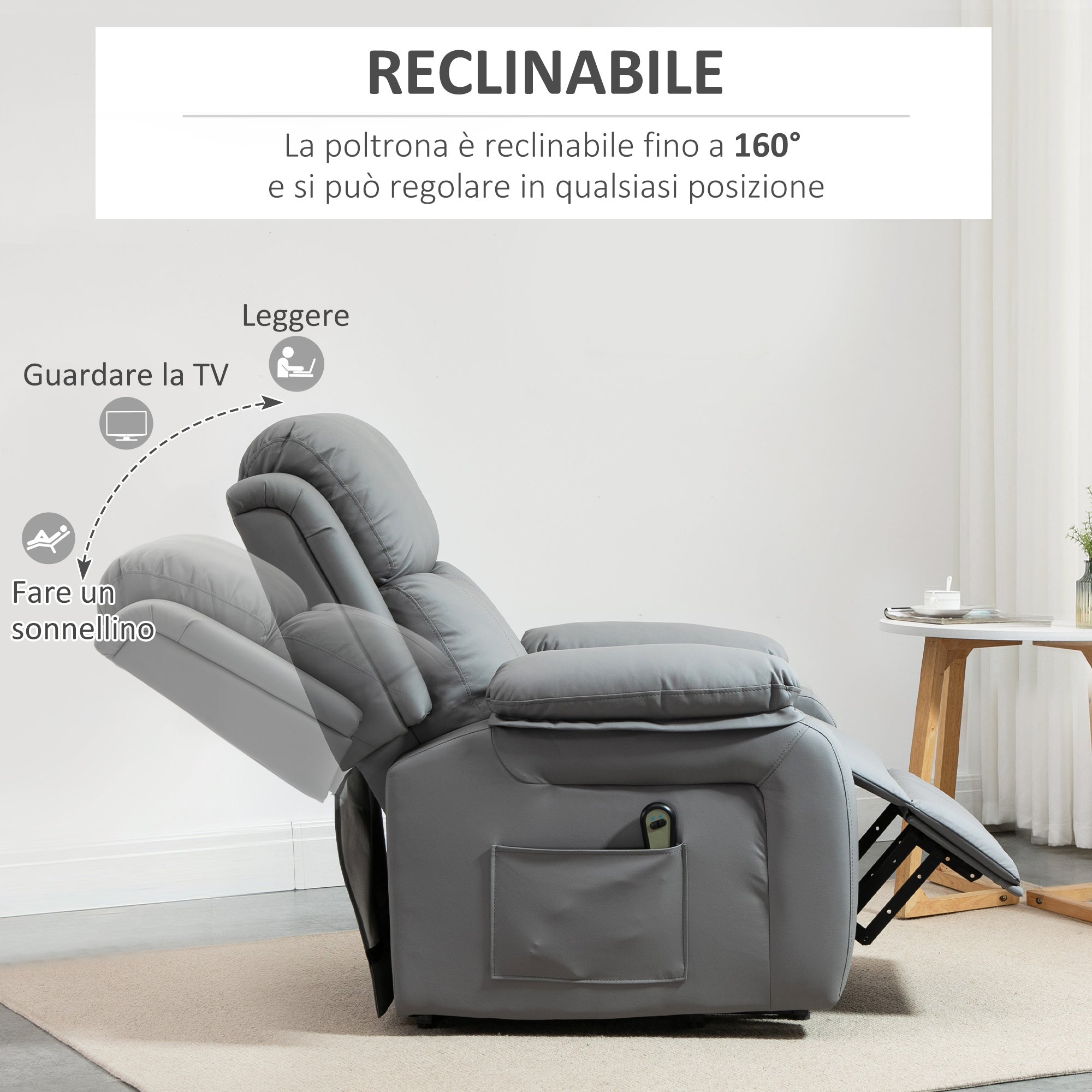 EASYCOMFORT  Poltrona Relax Elettrica e Alzapersona Reclinabile fino 160° con Telecomando, in Similpelle - Grigio