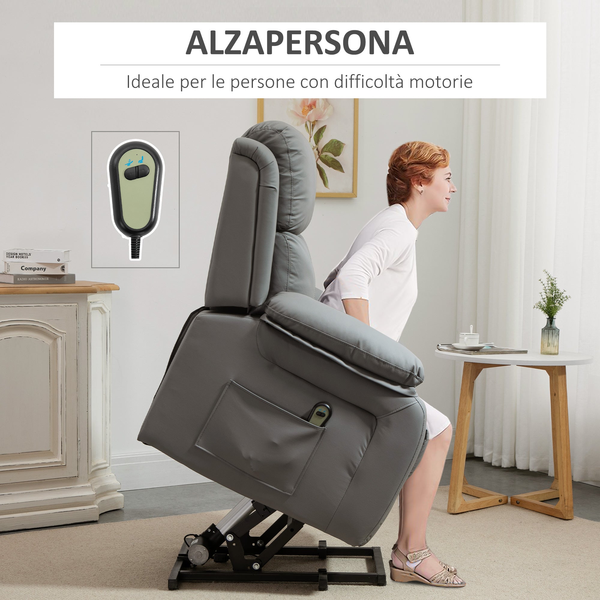 EASYCOMFORT  Poltrona Relax Elettrica e Alzapersona Reclinabile fino 160° con Telecomando, in Similpelle - Grigio