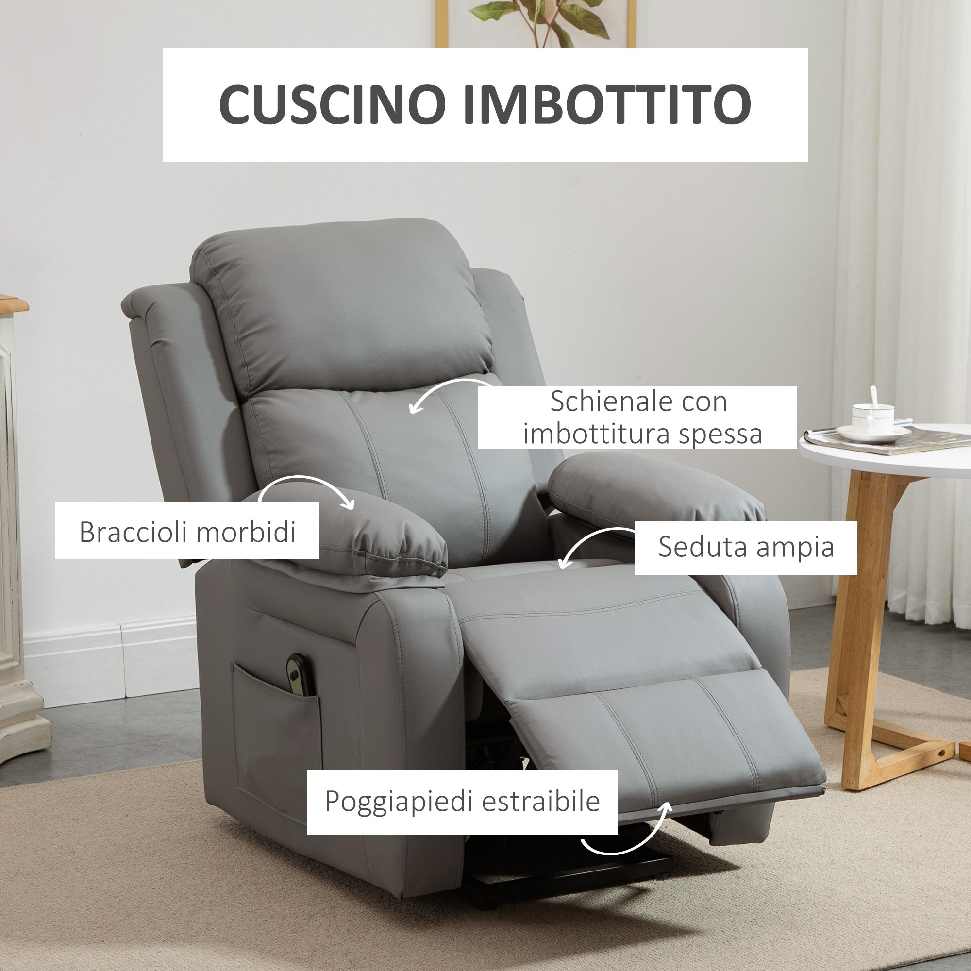 EASYCOMFORT  Poltrona Relax Elettrica e Alzapersona Reclinabile fino 160° con Telecomando, in Similpelle - Grigio