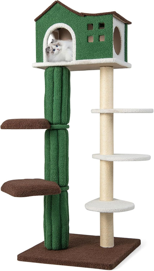 Tiragraffi per Gatti alto 153 cm, Albero Tiragraffi con Cuccia, Tiragraffi Rivestito in Sisal, 5 Piattaforme e Dispositivo Antiribaltamento,Tiragraffi per Gatti Adulti e Gattini