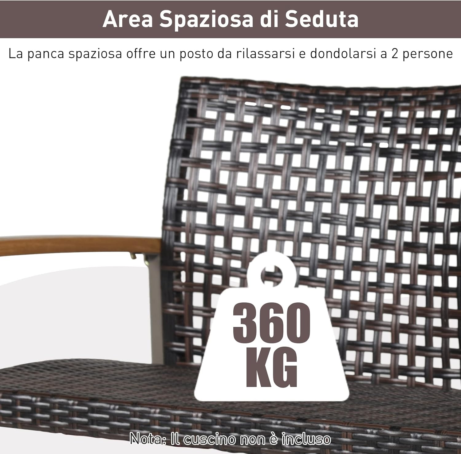 Dondolo Sospeso da Esterno con 2 Posti, Panca Altalena in Rattan PE con 2 Corde, Schienale Curvato e Braccioli in Legno di Acacia, Carico Massimo 360 kg, 131 x 68 x 54 cm (Senza Cuscino)