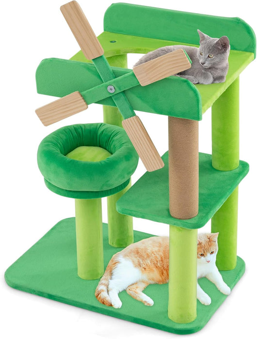 Tiragraffi a Forma di Mulino a Vento, Albero per Gatti con Lettino, Imbottitura Rotonda e Piattaforma Superiore con Paratie Anticaduta, Torre per Animali Domestici Interno, Verde e Naturale