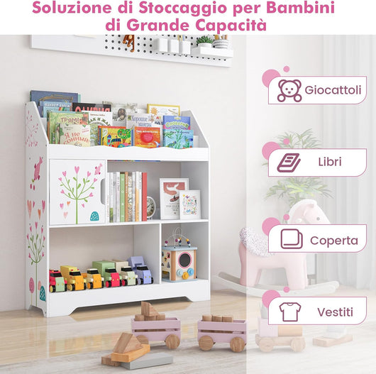 3 in 1 Libreria per Bambini, Mobile Portagiochi Multiuso con Anta e 3 Vani Aperti, Scaffale per Giocattoli per Cameretta Soggiorno Asilo Scuola Materna, 93x30x100 cm(Bianco)