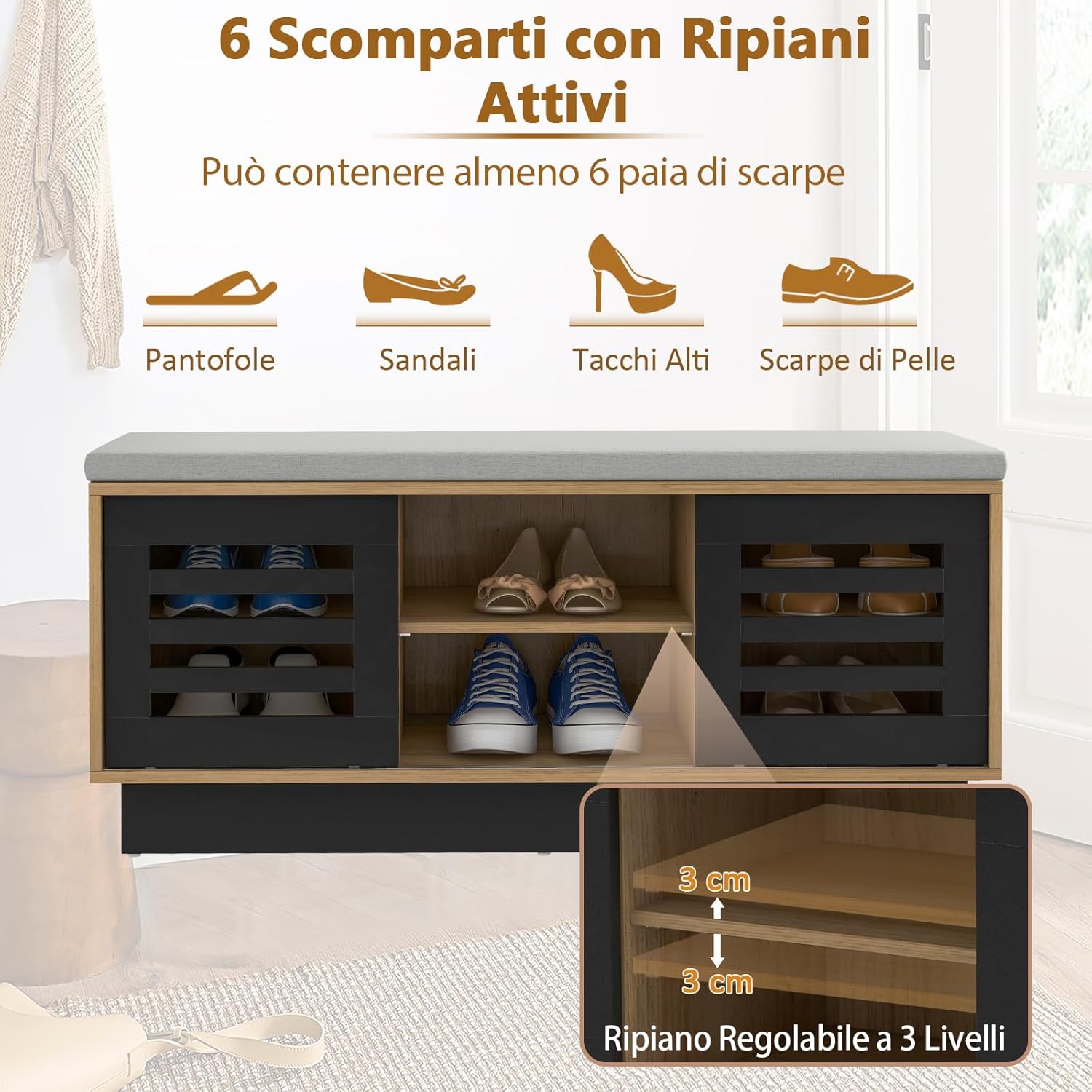 Panca Scarpiera con 6 Scomparti e 3 Ripiani Regolabili, Panca Porta Scarpe con Cuscino, Scarpiera con 2 Ante Scorrevoli, Mobile Scarpe per Ingresso, Soggiorno, 99,5 x 34,5 x 46 cm (Marrone)