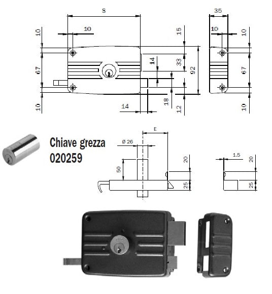 ISEO 431502E SERRATURA APPLICARE X LEGNOMM.50DX CATEN.2 MAN