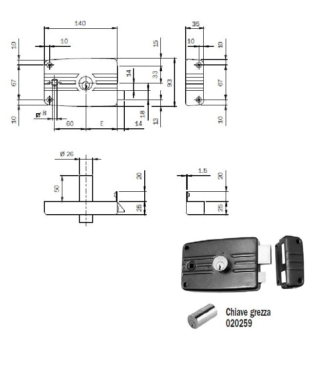 ISEO 482603 SERRATURA APPL. X FERRO CIL.FISSO MM.60 SX C/ALE