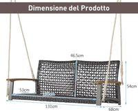 Dondolo Sospeso da Esterno con 2 Posti, Panca Altalena in Rattan PE con 2 Corde, Schienale Curvato e Braccioli in Legno di Acacia, Carico Massimo 360 kg, 131 x 68 x 54 cm (Senza Cuscino)