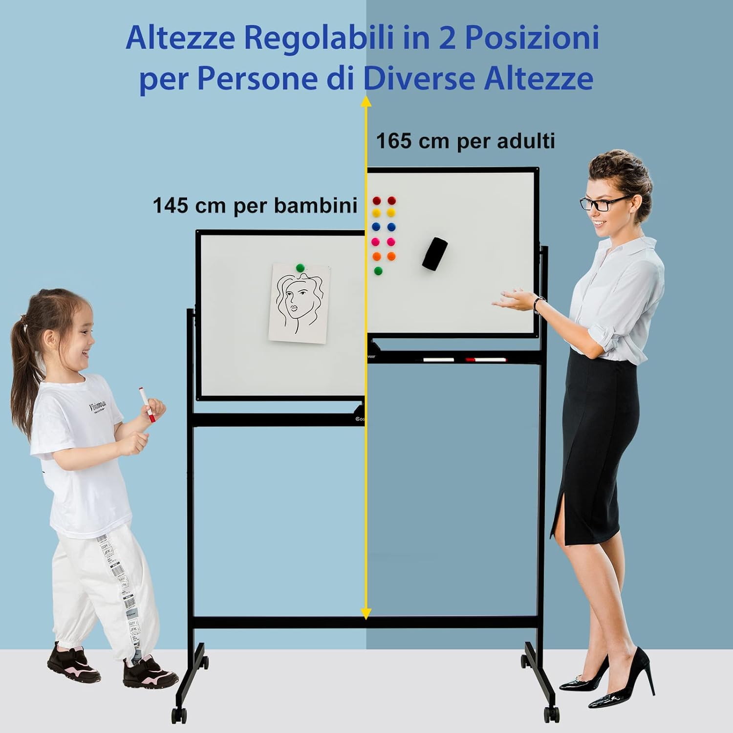 Lavagna Bianca Magnetica Doppia, Design Regolabile in Altezza con Ruote Bloccabili, 6 Pennarelli, 12 Calamite e 1 Cancellino, Ideale per Casa Ufficio e Scuola, 126 x 59 x 145/165 cm, Nero