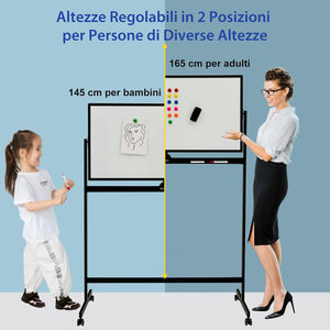 Lavagna Bianca Magnetica Doppia, Design Regolabile in Altezza con Ruote Bloccabili, 6 Pennarelli, 12 Calamite e 1 Cancellino, Ideale per Casa Ufficio e Scuola, 126 x 59 x 145/165 cm, Nero