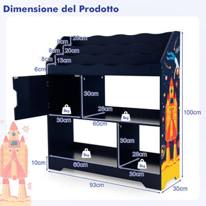 3 in 1 Libreria per Bambini, Mobile Portagiochi Multiuso con Anta e 3 Vani Aperti, Scaffale per Giocattoli per Cameretta Soggiorno Asilo Scuola Materna, 93x30x100 cm(Blu)