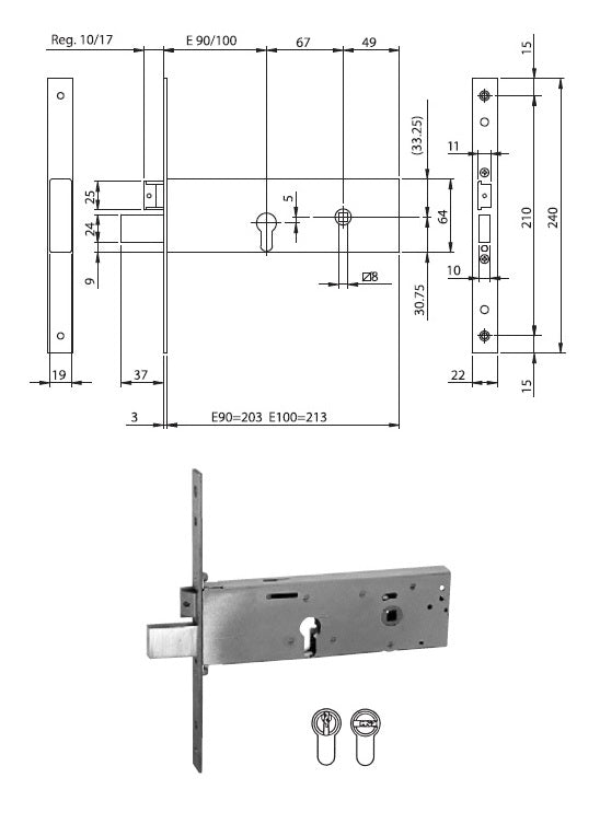 ISEO 961120902 SERRATURA INF. X FASCIA PROF.EUROPEO INOX MM.