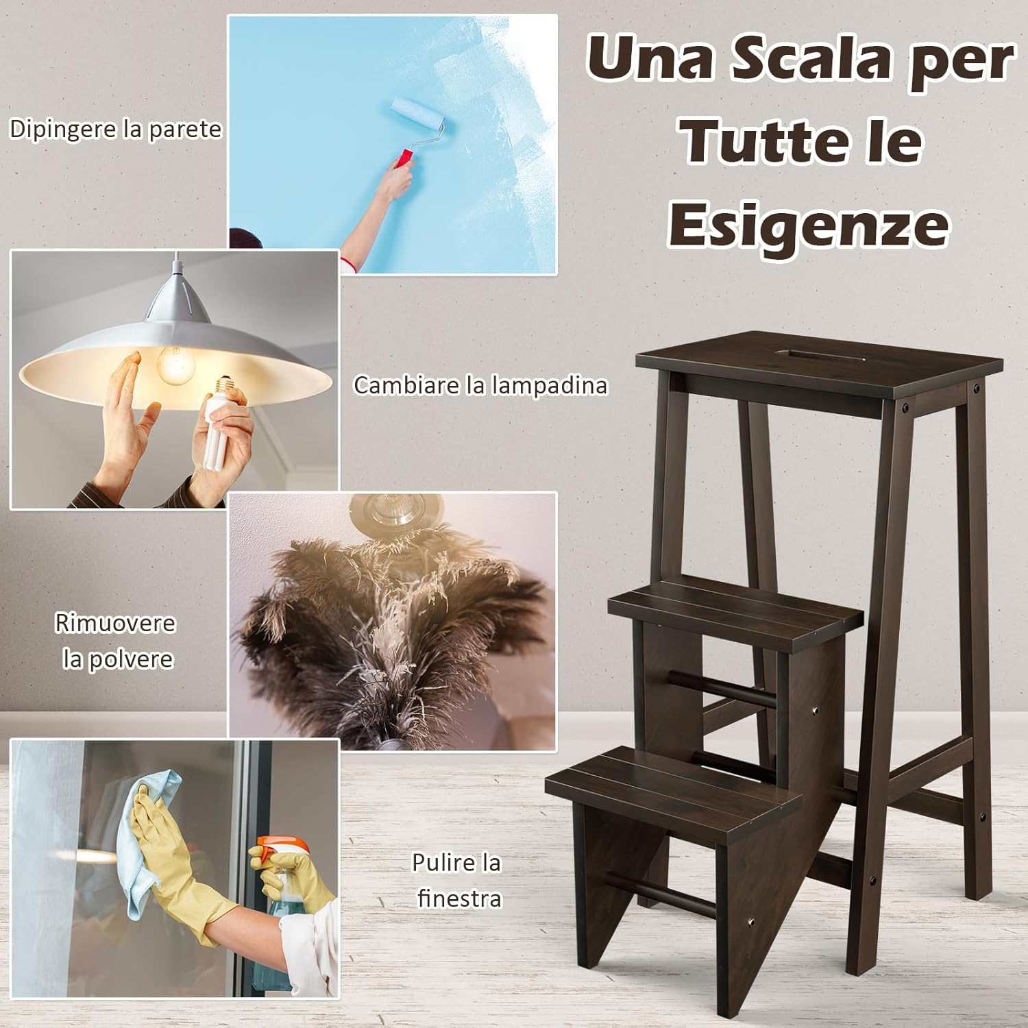 Scaletta Pieghevole, 3 in 1 Scaletta e Sgabello in Legno Multifunzione, 3 Gradini, Reversibili Impugnatura, Scaletta Portatile e Leggera, Ideale per Studio Soggiorno (Marrone)