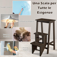 Scaletta Pieghevole, 3 in 1 Scaletta e Sgabello in Legno Multifunzione, 3 Gradini, Reversibili Impugnatura, Scaletta Portatile e Leggera, Ideale per Studio Soggiorno (Marrone)