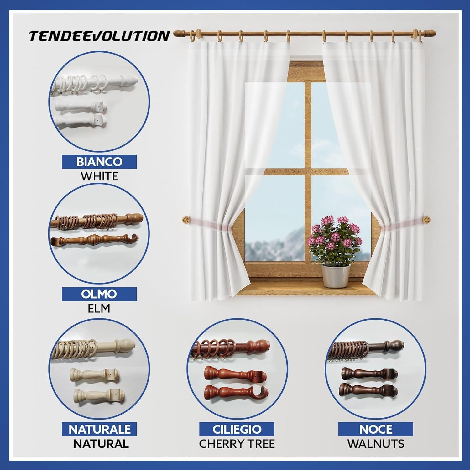 Bastone Tenda in Legno di Alta Qualità, diametro 35 mm a strappo colore olmo lunghezza 240 CM