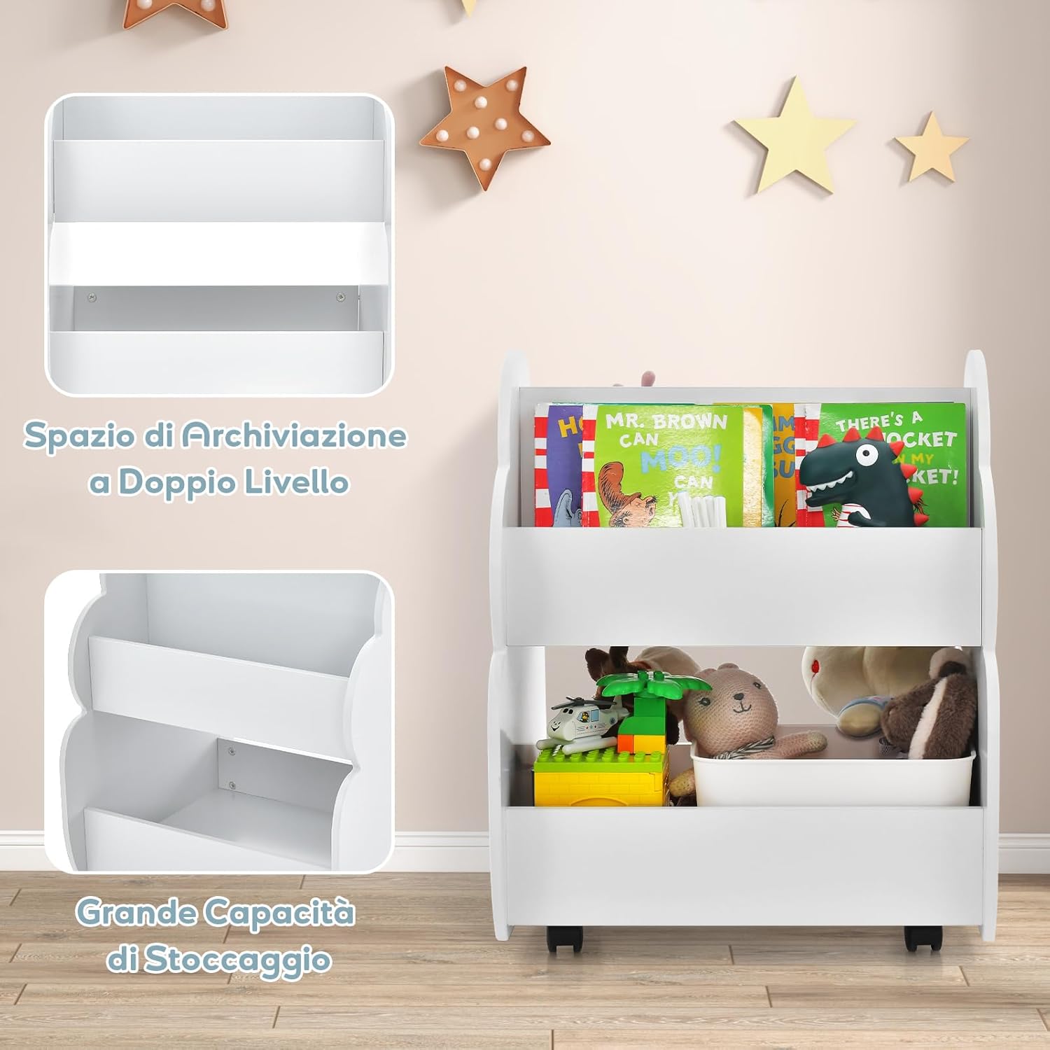 Libreria per Bambini con Ruote, Libreria Bimbi a 2 Livelli con Angoli Arrotondati, Scaffale Porta Libri Bambini da Cameretta Asilo Nido Camera da Letto, Bianco