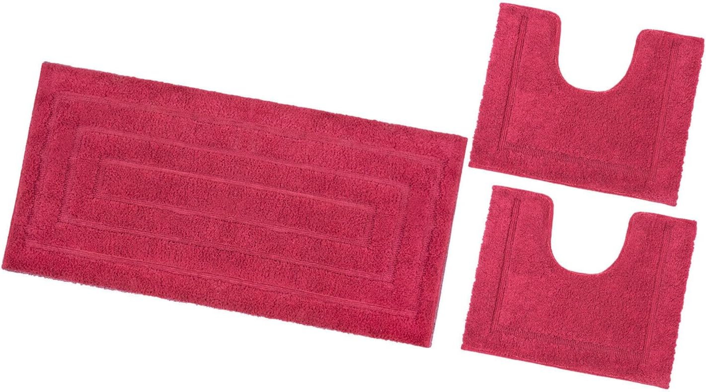 Tappeto Bagno Parure Set 3 Pezzi Puro Cotone Elegante Morbido Soffice Antiscivolo Rosso