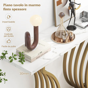 Tavolo Consolle in Oro, Tavolo d'Ingresso Moderna con Piano in Finto Marmo Bianco, Tavolo Stretto per Divano con Gambe Metalliche Geometriche per Soggiorno, Ingresso e Corridoio