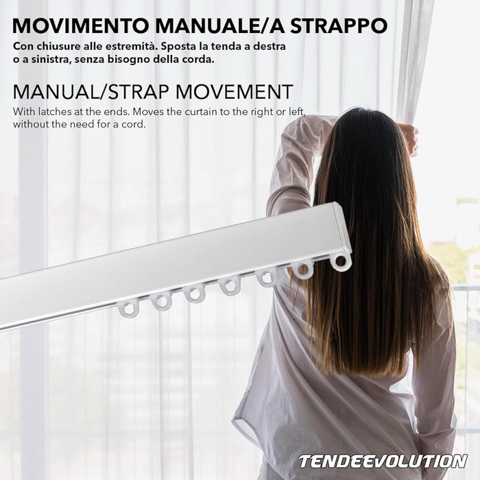 Binario Scorritenda Lineare da Soffitto Alluminio Bianco Movimento a Corda Apertura a DX Riloga Bastone Tenda 200cm