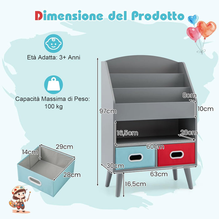 Libreria per Bambini, Scaffale in Legno per Bambini con 3 Ripiani, Scomparto Aperto e 2 Cassetti in Tessuto Pieghevoli, Organizzatore per Giocattoli, 63x30x97 cm (Grigio)