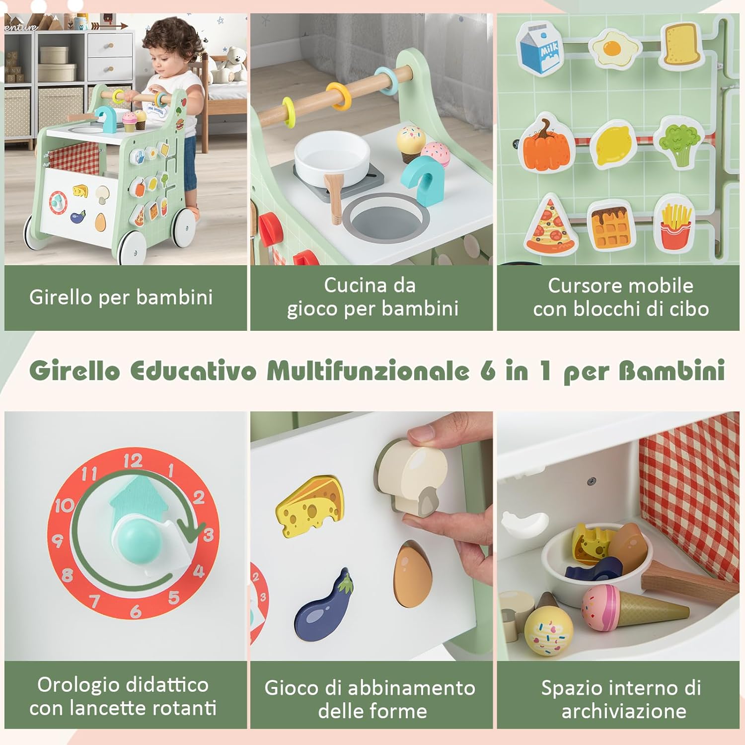 Girello per Bambini 6 in 1, Carrellino Primi Passi per Bmbini in Legno, con Cucina Giocattolo, Gioco Educativo con Ruote per Bambini 12 Mesi + (Verde)