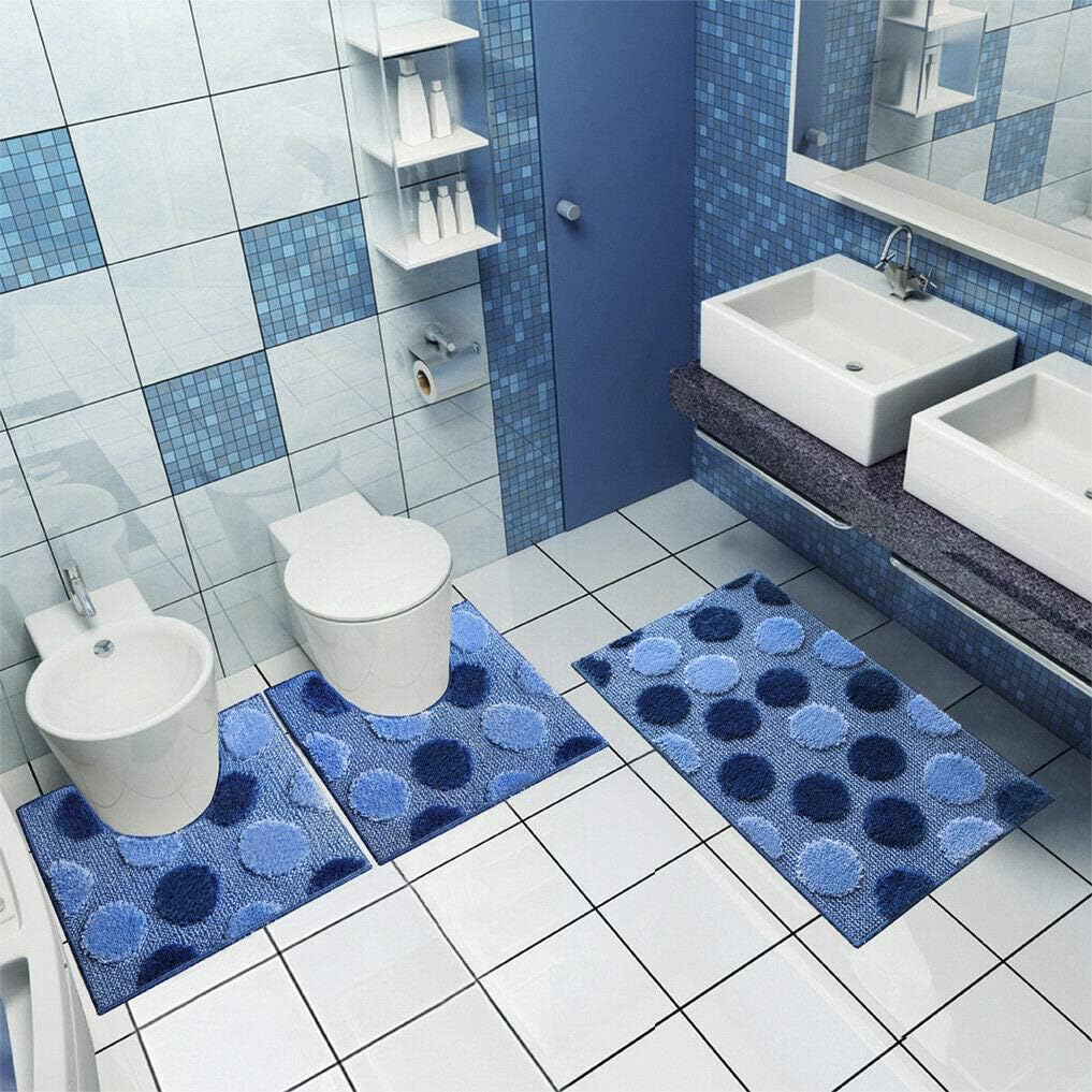 Tappeto Bagno Set 3 Pz Soffice Antiscivolo Shaggy 3D Moderno Assorbente Blu