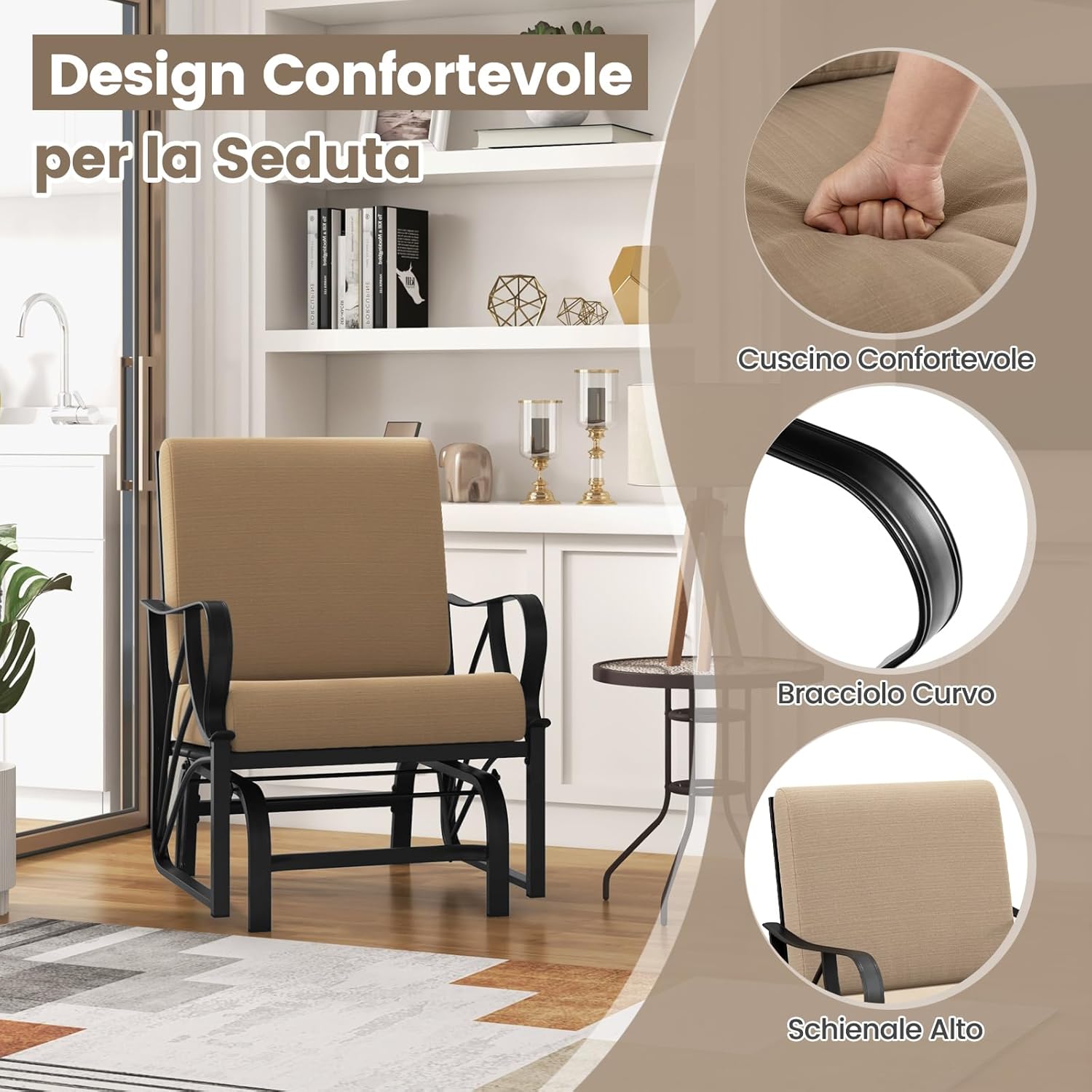 Sedia a Dondolo da Giardino Singola, Panchina a Dondolo in Metallo con Cuscini, 73 x 66,5 x 89 cm, Carico Massimo 150kg, Sedia a Dondolo da Esterno Giardino Terrazza (Khaki)