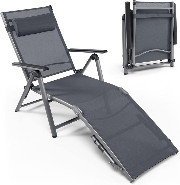 Lettino a Sdraio in Alluminio per Esterno, Chaise Longue da Esterno Regolabile con Schienale a 6 Posizioni, Ideale per Piscina, Spiaggia e Patio, Nero