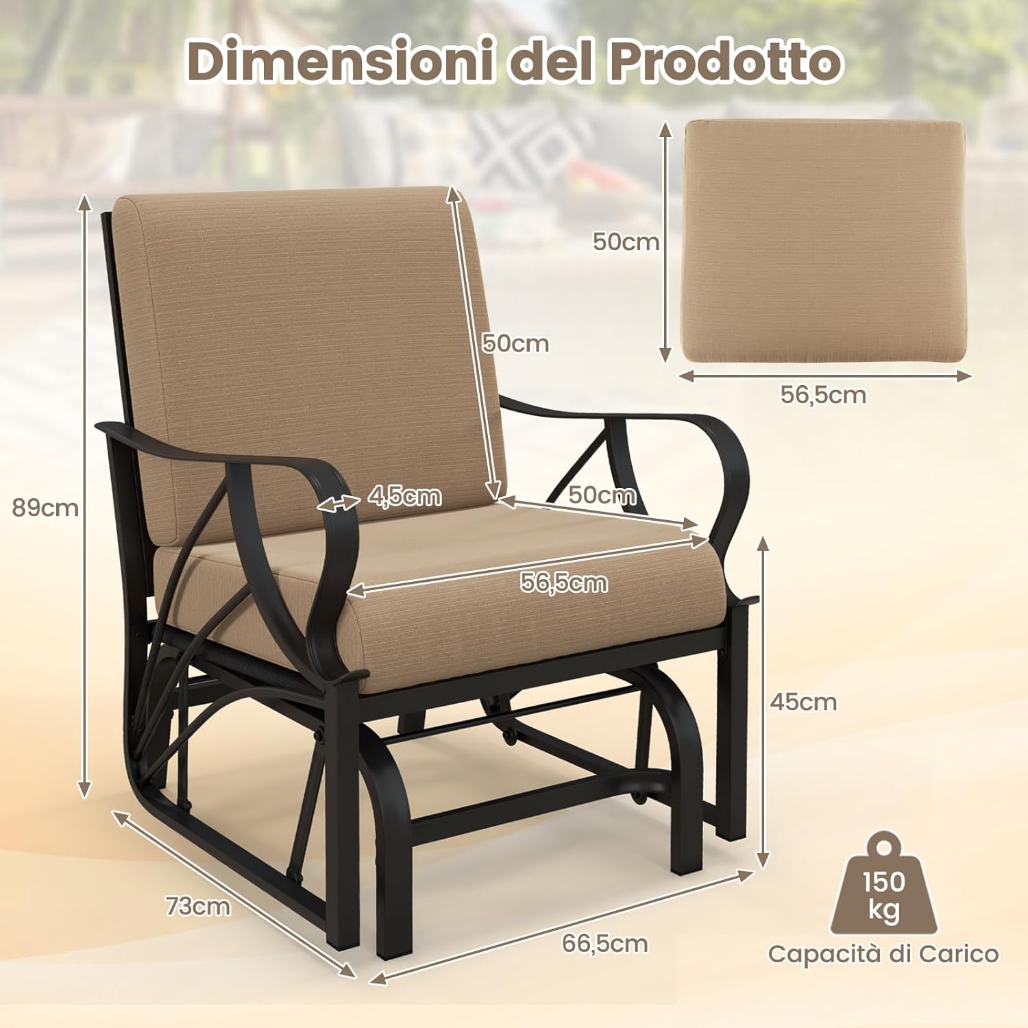 Sedia a Dondolo da Giardino Singola, Panchina a Dondolo in Metallo con Cuscini, 73 x 66,5 x 89 cm, Carico Massimo 150kg, Sedia a Dondolo da Esterno Giardino Terrazza (Khaki)