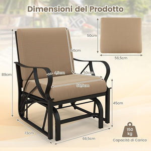 Sedia a Dondolo da Giardino Singola, Panchina a Dondolo in Metallo con Cuscini, 73 x 66,5 x 89 cm, Carico Massimo 150kg, Sedia a Dondolo da Esterno Giardino Terrazza (Khaki)