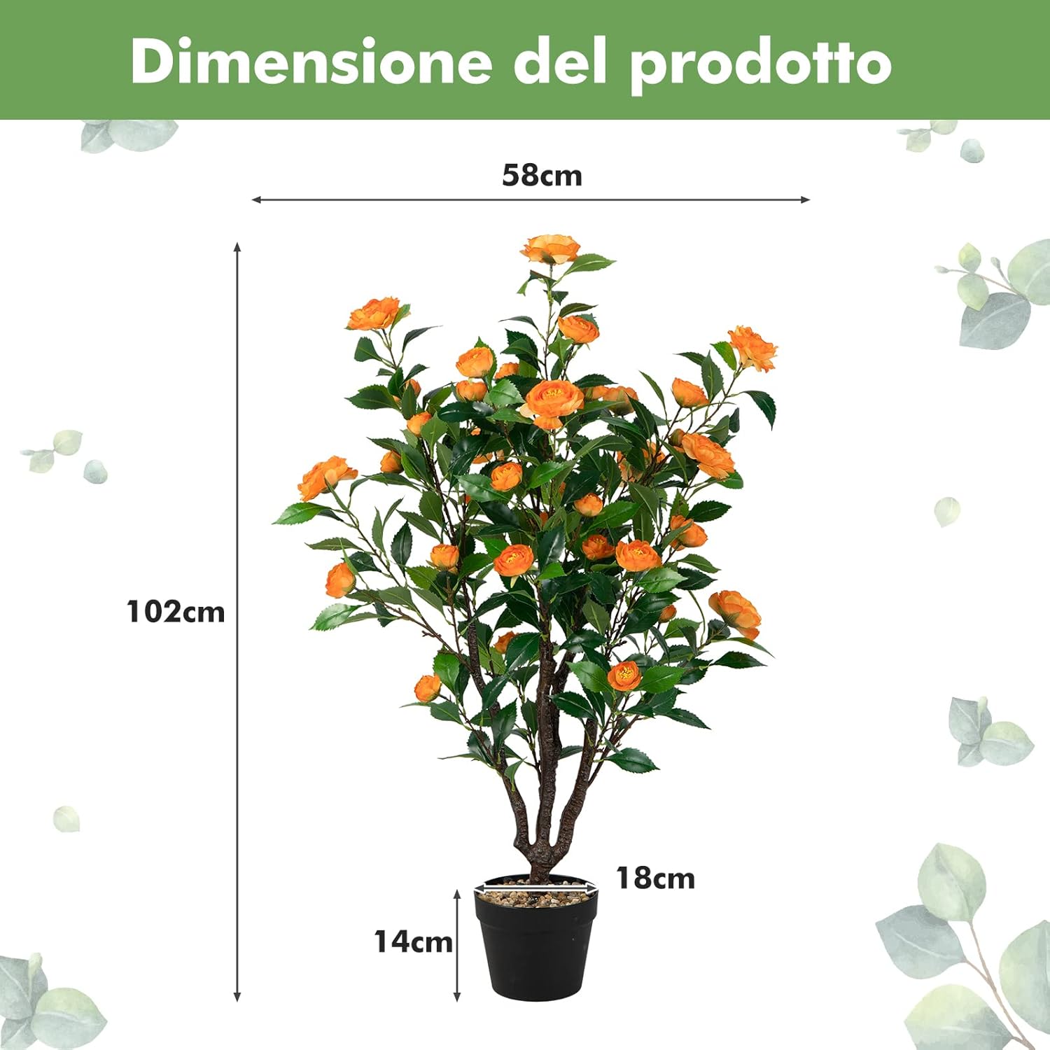 Pianta Finta da Interno da 102 cm, Albero di Camelia Artificiale con 37 Fiori Gialli, Vaso e Ciottoli di Pioggia, Pianta Finta per Soggiorno, Ufficio e Negozio