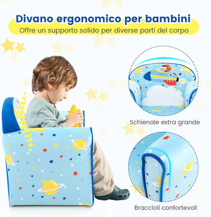 Divano per Bambini, Poltrona Imbottita per Bambini con Telaio in Legno Massiccio, Superficie in Velluto Morbido e Riempimento in Schiuma ad Alta Densità, per Camera da Letto (Azzurro)