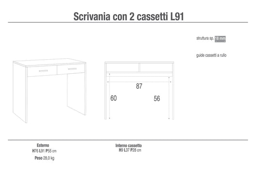 Scrivania da Ufficio 2 Cassetti 91x76x55 cm Olmo Chiaro