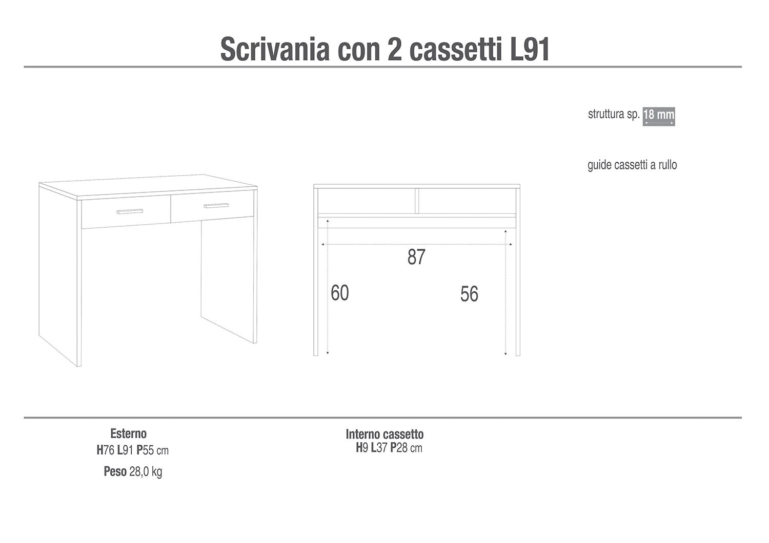 Scrivania da Ufficio 2 Cassetti 91x76x55 cm Olmo Chiaro/Bianco Fiammato