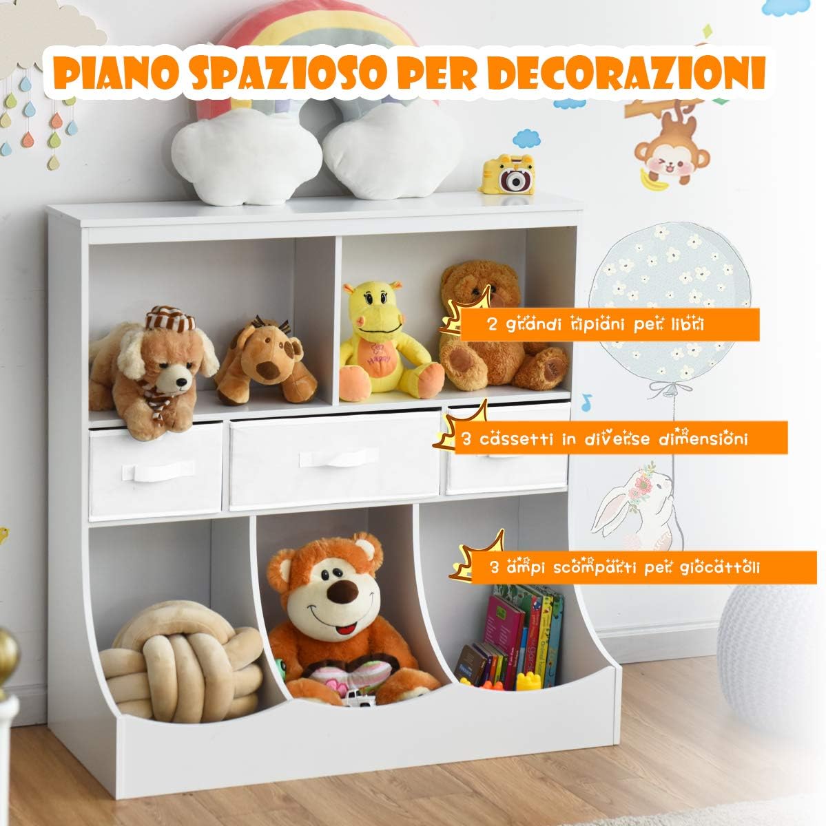 Libreria Contenitore per Bambini, con Ripiani e Cassetti, per Camera dei Bambini, 93 x 40 x 94 cm (Bianco)