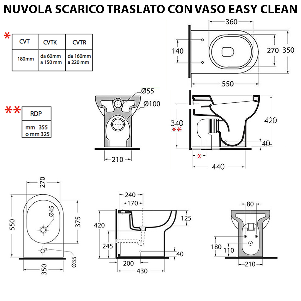 Sanitari Filo muro con Scarico Traslato Senza Brida Ceramica Azzurra Nuvola Easy Clean Sedile Soft Close