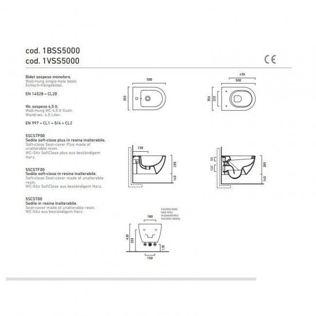 Sanitari Sospesi senza brida Ceramica Catalano Sfera 50 wc NewFlush, bidet e sedile soft close Plus