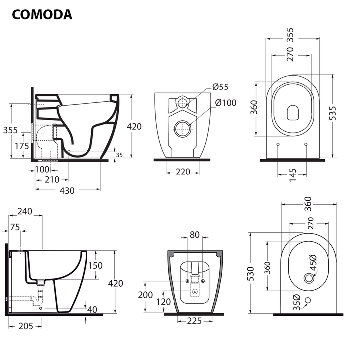 Sanitari filomuro senza brida Ceramica Azzurra serie Comoda