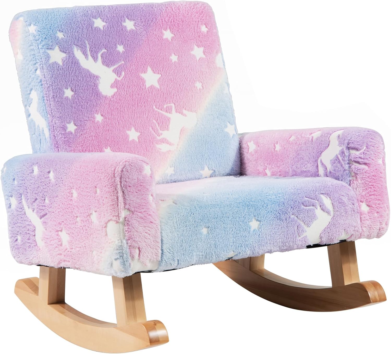 Sedia Dondolo per Bambini da 3 a 5 Anni, Poltrona in Flanella con Piedi a Dondolo in Legno, Motivi che si Illuminano al Buio,56 x 49 x 50 cm, Blu e Viola